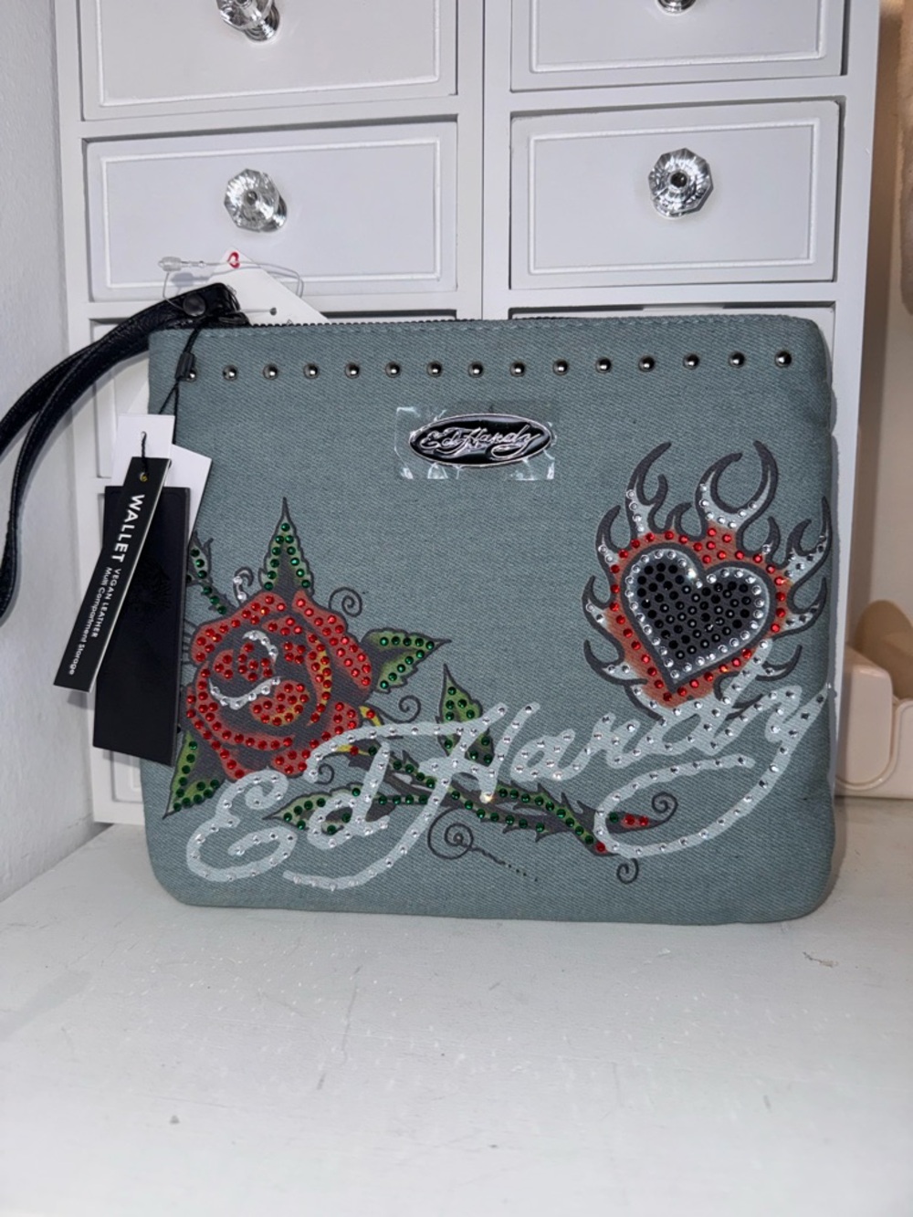 NWT Ed Hardy Demin Wristlet Clutch with Red & Green Embellished Heart and Rose